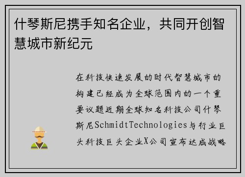什琴斯尼携手知名企业，共同开创智慧城市新纪元